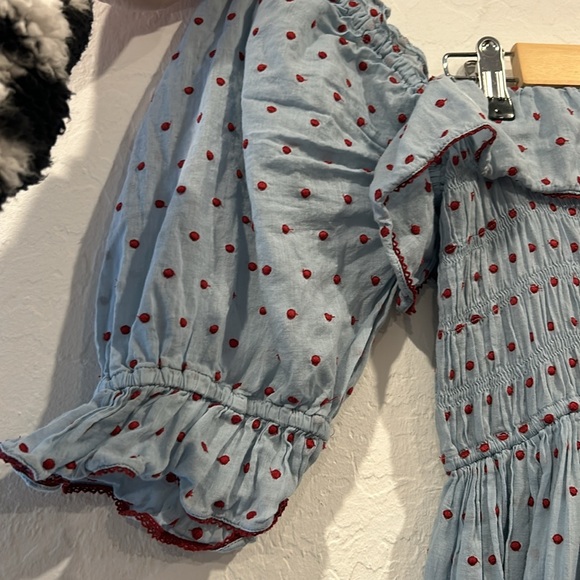 DÔEN Azure Swiss Dot Sol Dress Blue Red Polka Dot Ruffle Midi Maxi - Picture 6 of 7